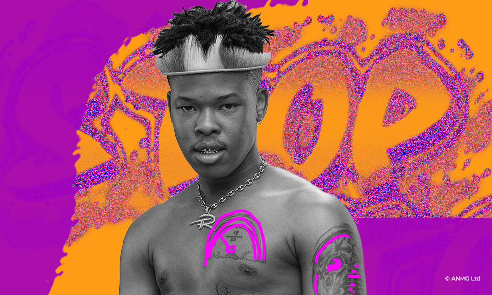 Shirtless Nasty C with a headband and necklace