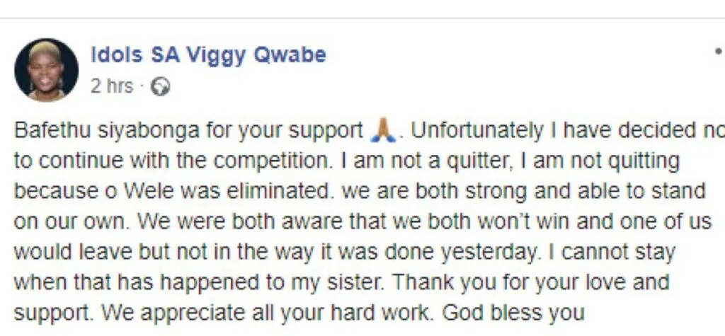 Viggy Withdraws From #IdolsSA