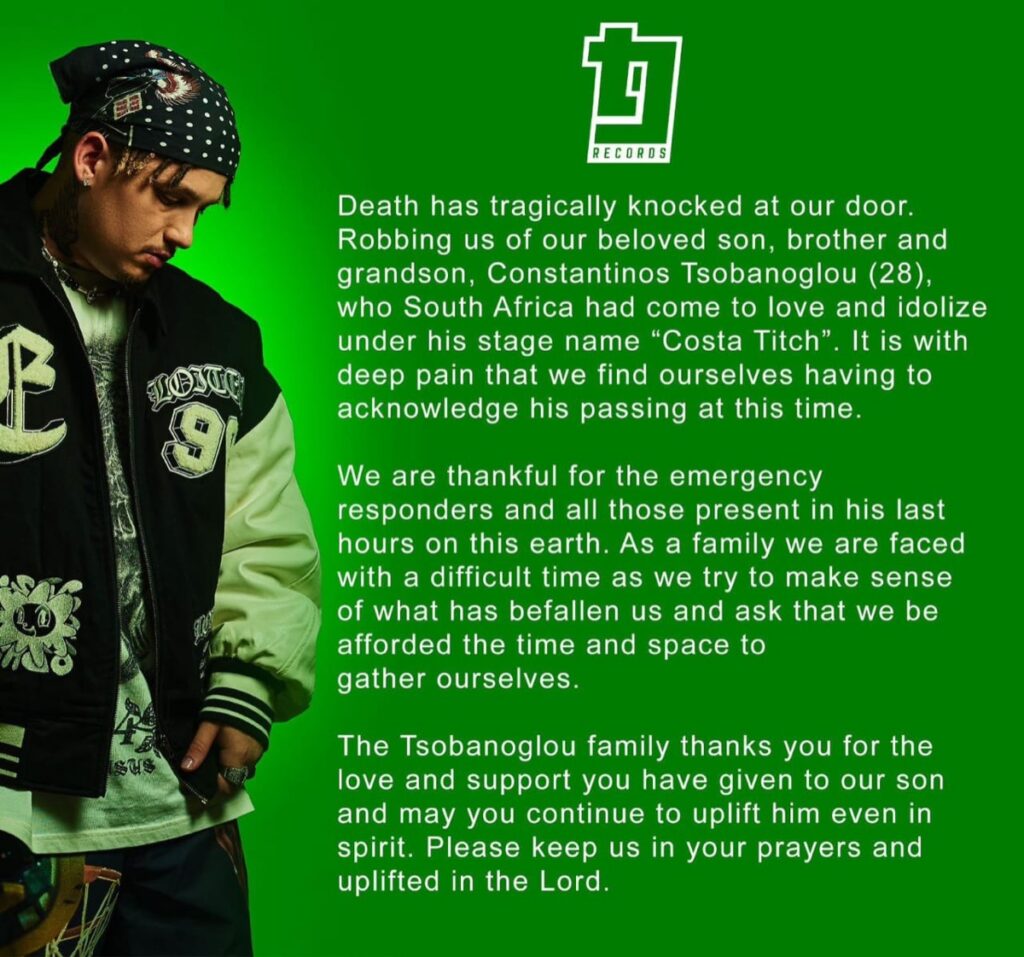 Costa Titch Family Statement: “Death Has Tragically Knocked At Our Door”-